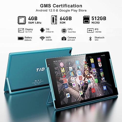 TJD 10.1 inch Tablet,Android Tablets,2GB RAM 32GB ROM, Quad Core Processor, HD IPS Screen, 2.0MP Front+5.0MP Rear Camera,Google Tablet, Wi-Fi, Bluetooth, MT-1011QU, Blue