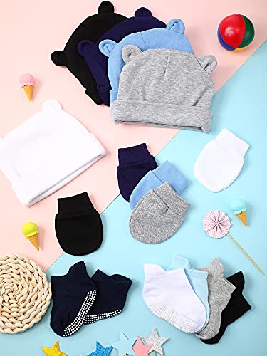 Baby Ears Newborn Hats Mittens and Socks Set for Boys Girls Beanie Hat 0-6 Month (White, Black, Gray, Light Blue, Navy Blue,5 Set)