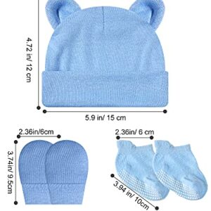 Baby Ears Newborn Hats Mittens and Socks Set for Boys Girls Beanie Hat 0-6 Month (White, Black, Gray, Light Blue, Navy Blue,5 Set)