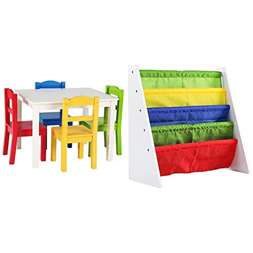 Humble Crew, White/Primary Kids Wood Table and 4 Chairs Set &, White/Primary Kids Book Rack Storage Bookshelf-4 Tiers