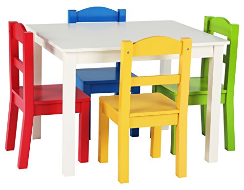 Humble Crew, White/Primary Kids Wood Table and 4 Chairs Set &, White/Primary Kids Book Rack Storage Bookshelf-4 Tiers