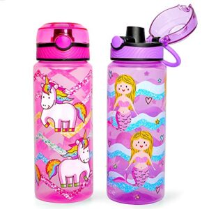 home tune 23oz kids water drinking bottle 2 pack - bpa free, auto push button, chug lid, carry loop lightweight, leak-proof water bottle with cute design for girls & boys - unicorn & mermaid
