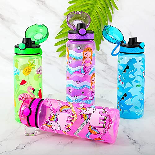 Home Tune 23oz Kids Water Drinking Bottle 2 Pack - BPA Free, Auto Push Button, Chug Lid, Carry Loop Lightweight, Leak-Proof Water Bottle with Cute Design For Girls & Boys - Unicorn & Mermaid