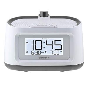 sharp projection alarm clock with soothing nature sleep sounds – easy to read projection on wall or ceiling – 8 sleep sounds to help fall asleep faster, white case with gunmetal trim