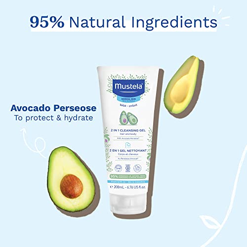 Mustela Baby 2-in-1 Cleansing Gel - Baby Body & Hair Cleanser - with Natural Avocado - Biodegradable Formula & Tear-Free - 6.76 fl. oz. (Pack of 1)