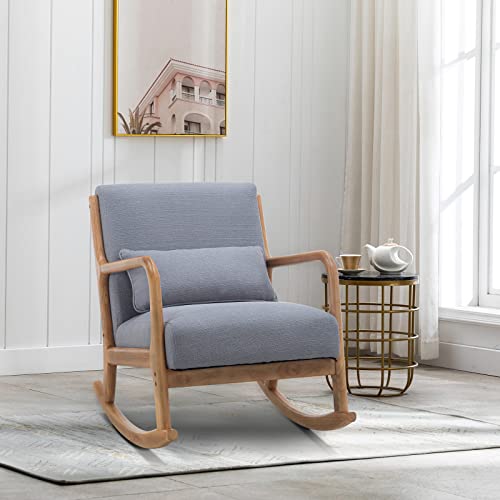 Artechworks Rocking Accent Chair Uplostered Mordern Nursery Fabic Glider Rocker Lounge Arm Chair with Padded Seat Wood Base for Adults Living Room Bedroom Balcony with Pillow, Grey