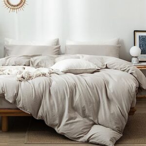 moomee bedding duvet cover set 100% washed cotton linen like textured breathable durable soft comfy (cream grey, twin)