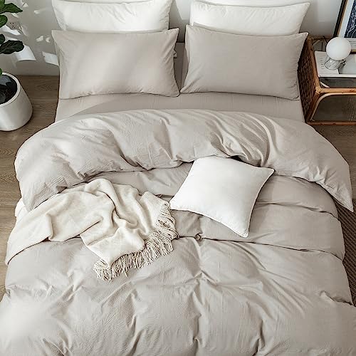 MooMee Bedding Duvet Cover Set 100% Washed Cotton Linen Like Textured Breathable Durable Soft Comfy (Cream Grey, Twin)