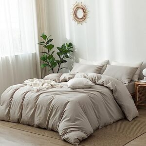 MooMee Bedding Duvet Cover Set 100% Washed Cotton Linen Like Textured Breathable Durable Soft Comfy (Cream Grey, Twin)