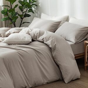 MooMee Bedding Duvet Cover Set 100% Washed Cotton Linen Like Textured Breathable Durable Soft Comfy (Cream Grey, Twin)