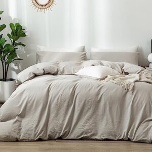 MooMee Bedding Duvet Cover Set 100% Washed Cotton Linen Like Textured Breathable Durable Soft Comfy (Cream Grey, Twin)