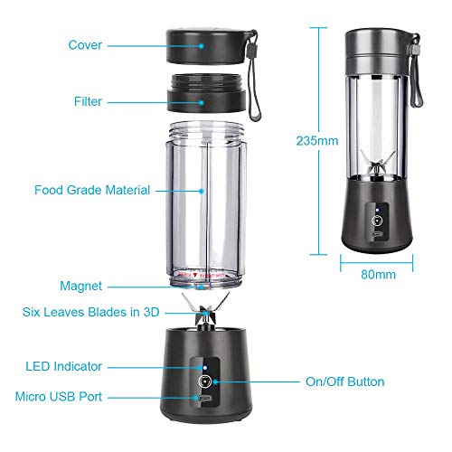 Portable Blender, YKSINX Smoothie Blender, Personal Mini Blender for Shakes and Smoothies, Six Blades in 3D, 13oz 2000mAh Powerful USB Rechargeable Home Travel Fruit Juicer Cup (Black)