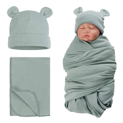 PESAAT Cotton Baby Swaddle Hat Set Newborn Infant Hats Receiving Blankets for Baby Boys Girls (Greyish Green, 0-6 Months)