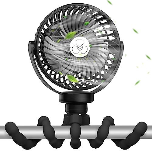 VASG Battery Operated Stroller Fan, Portable Handheld Mini Fan Clip on Fan with Flexible Tripod, USB or Battery Powered Desk Fan, 3 Speeds and Rotatable Personal Fan for Car Seat, Crib, computer fan