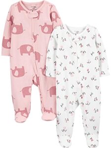 simple joys by carter's baby girls' 2-way zip thermal footed sleep and play, pack of 2, ivory floral/pink elephants, 3-6 months