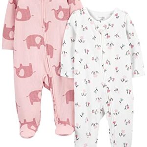 Simple Joys by Carter's Baby Girls' 2-Way Zip Thermal Footed Sleep and Play, Pack of 2, Ivory Floral/Pink Elephants, 3-6 Months