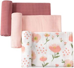little jump 3 pack muslin swaddle blankets solid colors, large 47 x 47 inches muslin blankets for girls & boys, baby receiving swaddles, newborn gifts (solid floral)