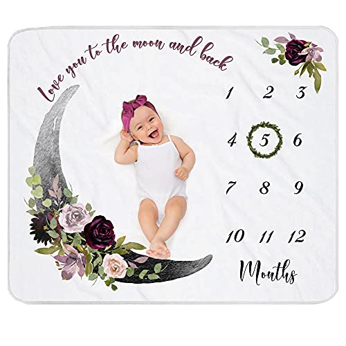 Yoothy Moon Baby Monthly Milestone Blanket for Girl, Gift for Baby Shower, Baby Photo Blanket for Newborn Picture, Wreath &Headband Included, Soft Flannel Blanket 45''x40''