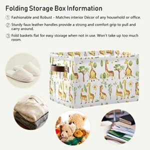 Rectangular Storage Basket Storage Bin - Tropical Palm Leaves Giraffe Collapsible Storage Box with Leather Handles Fabric Organizer Bin Organizer for Boys and Girls