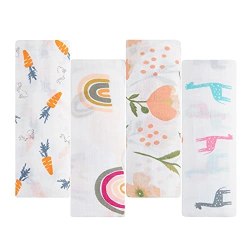 Catteyonce Swaddle Blankets, 4 Pack Breathable Muslin Swaddle Blankets, Cotton Soft and Comfortable Receiving Blanket for Newborn Boys and Girls, Orange/Giraffe, Large 44 "x 47 "