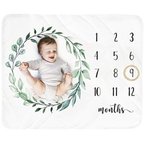 tebaby baby monthly milestone blanket boy - newborn month blanket unisex neutral personalized shower gift leaf nursery decor photography background prop with wooden wreath large 51''x40''