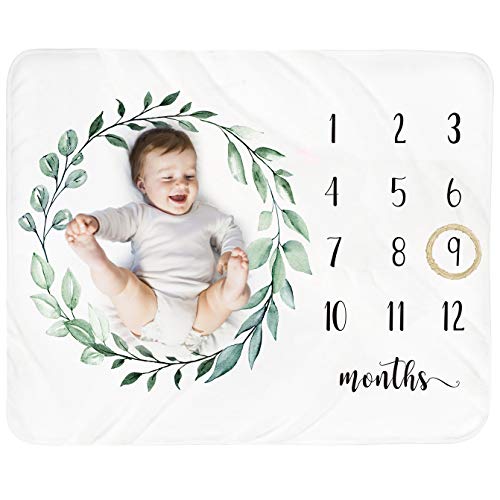 Tebaby Baby Monthly Milestone Blanket Boy - Newborn Month Blanket Unisex Neutral Personalized Shower Gift Leaf Nursery Decor Photography Background Prop with Wooden Wreath Large 51''x40''