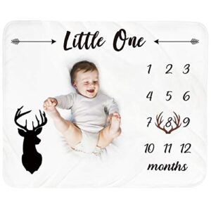 tebaby baby monthly milestone blanket boy - newborn month blanket unisex neutral personalized shower gift deer antlers nursery decor photography background prop with frame large 51''x40''