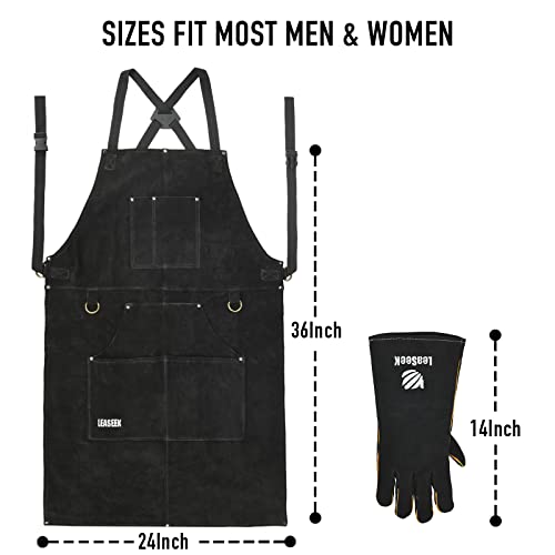 Leather Work Apron with Gloves - 6 Tool Pockets for Men& Women - Welding Apron - Ideal for Woodworking, Blacksmithing, Gardeners, Mechanics, BBQ - Adjustable M to XXXL