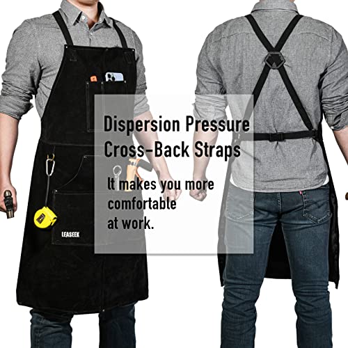 Leather Work Apron with Gloves - 6 Tool Pockets for Men& Women - Welding Apron - Ideal for Woodworking, Blacksmithing, Gardeners, Mechanics, BBQ - Adjustable M to XXXL