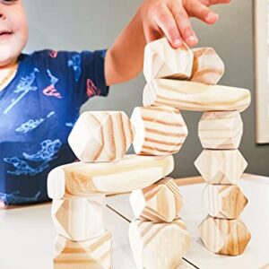 Panda Brothers Wooden Balancing Stones - Montessori Toys for 3 4 5 Year Old Kids and Toddlers Learning Sensory Toy, 20 Large Size Wooden Building Blocks Set of Stacking Stones for Kids Pine Wood Rocks