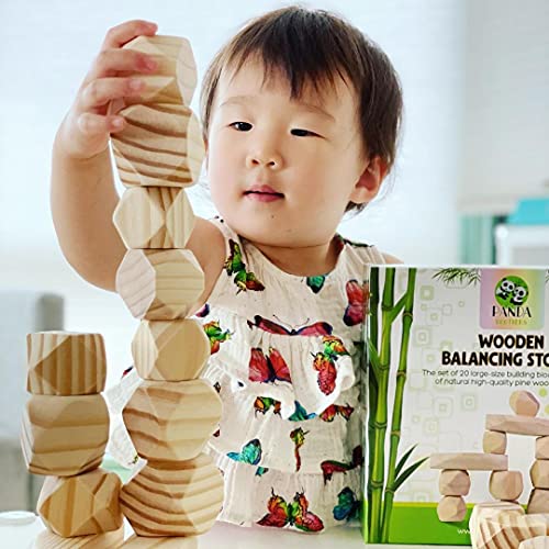 Panda Brothers Wooden Balancing Stones - Montessori Toys for 3 4 5 Year Old Kids and Toddlers Learning Sensory Toy, 20 Large Size Wooden Building Blocks Set of Stacking Stones for Kids Pine Wood Rocks