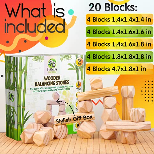 Panda Brothers Wooden Balancing Stones - Montessori Toys for 3 4 5 Year Old Kids and Toddlers Learning Sensory Toy, 20 Large Size Wooden Building Blocks Set of Stacking Stones for Kids Pine Wood Rocks