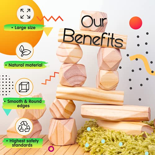 Panda Brothers Wooden Balancing Stones - Montessori Toys for 3 4 5 Year Old Kids and Toddlers Learning Sensory Toy, 20 Large Size Wooden Building Blocks Set of Stacking Stones for Kids Pine Wood Rocks