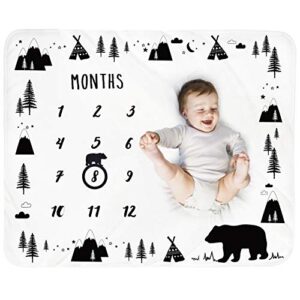 tebaby baby monthly milestone blanket boy - bear newborn month blanket unisex neutral personalized shower gift woodland nursery decor photography background prop with frame large 51''x40''