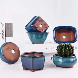 MUZHI 6PACK Glazed Bonsai Pot Planter 3" 4” Small Succulent Pots, Yixing Zisha Decorative Mame Bonsai Training Pot or Small Flower Cactus Starter Growing Planters Containers Blue