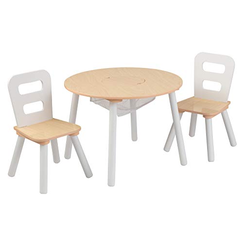 KidKraft Wooden Round Table & 2 Chair Set with Center Mesh Storage - Natural & White, Gift for Ages 3-6 23.5 x 23.5 x 17.3 and Wooden Two-Step Children's Stool with Handles - White, Gift for Ages 3-8