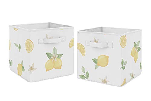 Sweet Jojo Designs Lemon Floral Foldable Fabric Storage Cube Bins Boxes Organizer Toys Kids Baby Childrens Set of 2 Yellow Green Beige Watercolor Boho Bohemian Farmhouse Fruit Flower Blossom Botanical