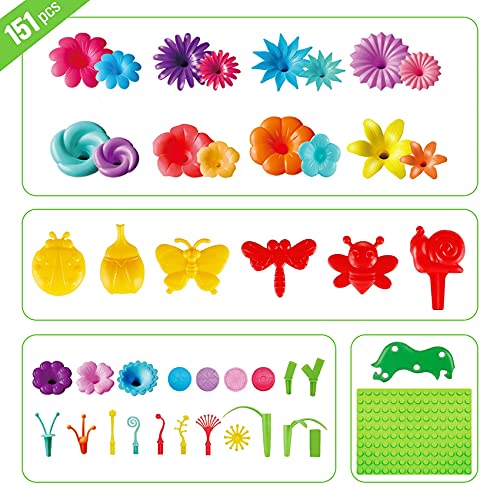 STEM Toddler Toys for Age 3 4 5 6 Year Old Girls - Flower Garden Building Toys for Preschool Educational Activity, Birthday Gifts and Stacking Learning Playset, Floral Gardening Pretend kit (150pcs)
