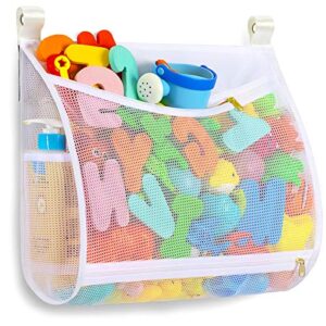 baby bath toy organizer with machine washable, multiple-suspension bath toy holder, large capacity, 2 side bags +4 strong hooks (1 large, white)