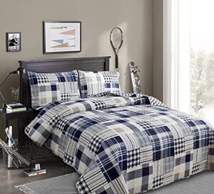 jarson patchwork bedding plaid quilts set full/queen size, 3pcs navy blue buffalo bedspreads summer lightweight coverlet pillow shams