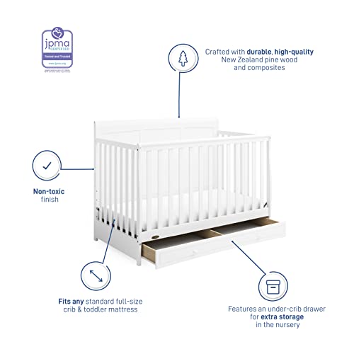 Graco Asheville 4-in-1 Convertible Crib with Drawer (White) – GREENGUARD Gold Certified, Crib with Drawer Combo, Full-Size Nursery Storage Drawer, Converts to Toddler Bed, Daybed and Full-Size Bed