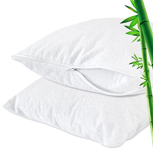 Toddler Pillowcase Protector Waterproof Bamboo Terry Cooling Breathable Baby Pillow Cover, Fit Pillow Sized 13" x 18",14" x 19",12" x 16" or Smaller with Zipper Travel Pillowcase for Boys Girls, White