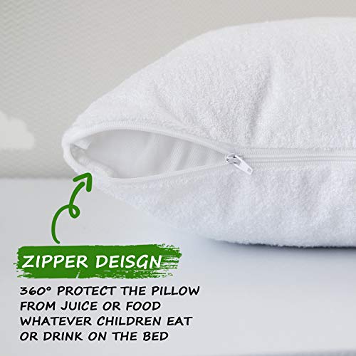 Toddler Pillowcase Protector Waterproof Bamboo Terry Cooling Breathable Baby Pillow Cover, Fit Pillow Sized 13" x 18",14" x 19",12" x 16" or Smaller with Zipper Travel Pillowcase for Boys Girls, White