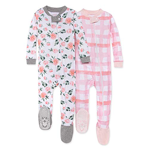 Burt's Bees Baby baby girls Pajamas, Zip Front Non-slip Footed Pjs, 100% Organic Cotton and Toddler Sleepers, Autumn Blooms 2-pk, 12 Months US