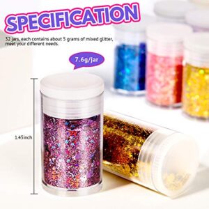 Holographic Chunky Glitter, Set of 32, LEOBRO Craft Glitter for Resin Art Crafts, Cosmetic Glitter for Nail Body Face Eye, Epoxy Resin Glitter Sequin Flake Sparkle for Resin Tumbler Jewelry Making