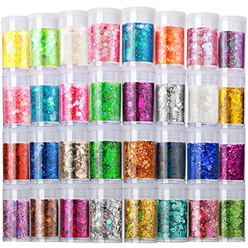 Holographic Chunky Glitter, Set of 32, LEOBRO Craft Glitter for Resin Art Crafts, Cosmetic Glitter for Nail Body Face Eye, Epoxy Resin Glitter Sequin Flake Sparkle for Resin Tumbler Jewelry Making