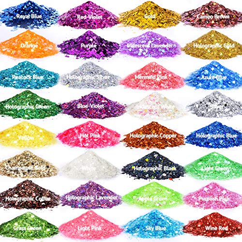 Holographic Chunky Glitter, Set of 32, LEOBRO Craft Glitter for Resin Art Crafts, Cosmetic Glitter for Nail Body Face Eye, Epoxy Resin Glitter Sequin Flake Sparkle for Resin Tumbler Jewelry Making