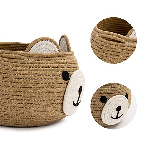 CherryNow Cute Bear Round Basket - Cotton Rope Baskets in Living Room Woven Baby Shower Basket Bedroom Storage Bakset for Children Corner Plant Basket Indoor, Brown, 10.5"D x 8.5"H