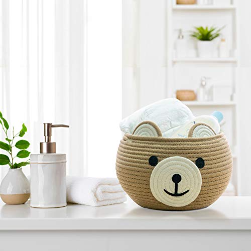 CherryNow Cute Bear Round Basket - Cotton Rope Baskets in Living Room Woven Baby Shower Basket Bedroom Storage Bakset for Children Corner Plant Basket Indoor, Brown, 10.5"D x 8.5"H