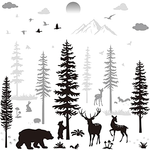 Nursery Wall Decals Forest Deers Wall Stickers Bears Pine Tree Wall Decals Mural Art Wallpaper for DIY Children Room Nursery Vinyl Removable Decals (Classic Style)